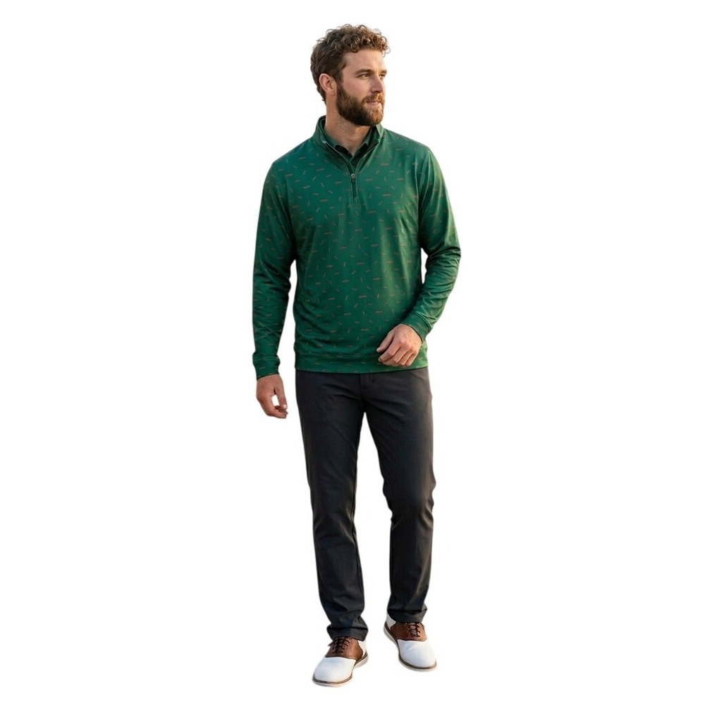 Fore Fathers Mens Large Green Isuzu Print Quarter Zip Forged Fabric Pullover NWT